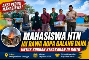 Aksi kemanusiaan di Pertigaan Pasar Palangga menjadi wujud kepedulian mahasiswa HTN IAI Rawa Aopa terhadap warga yang terdampak musibah kebakaran Rumah di Kecamatan Baito